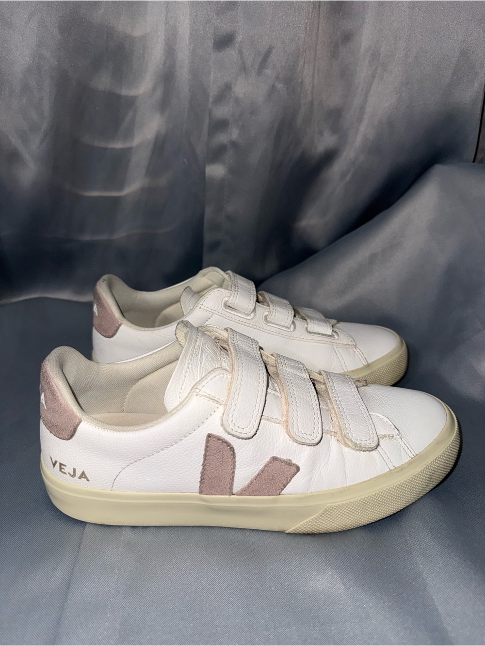 Veja White Sneakers with Pale Pink Accents - Women's Velcro Trainers